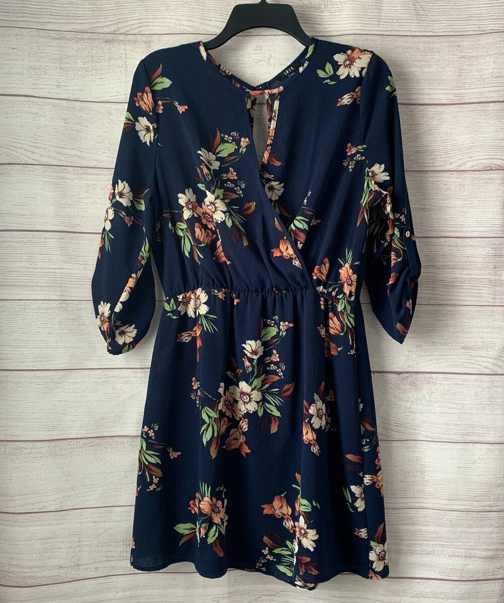 Iris Navy Blue Floral Dress Wrap Top Roll Tab Sleeves Keyholes Size Large